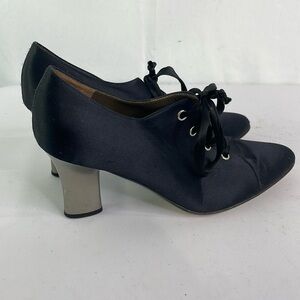 Private black satin pointed toe lace up pewter heel shoes